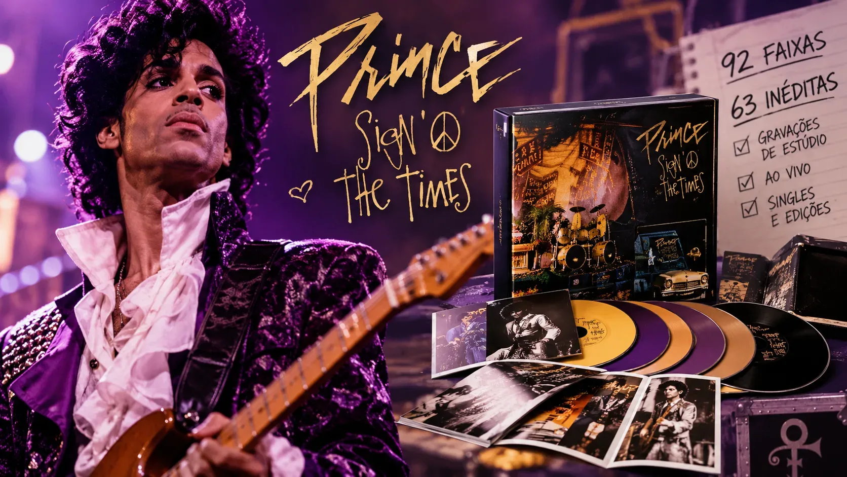 Montagem artística em roxo e dourado com Prince segurando uma guitarra, discos coloridos, uma caixa de Sign O’ The Times e anotações sobre 92 faixas e 63 inéditas.