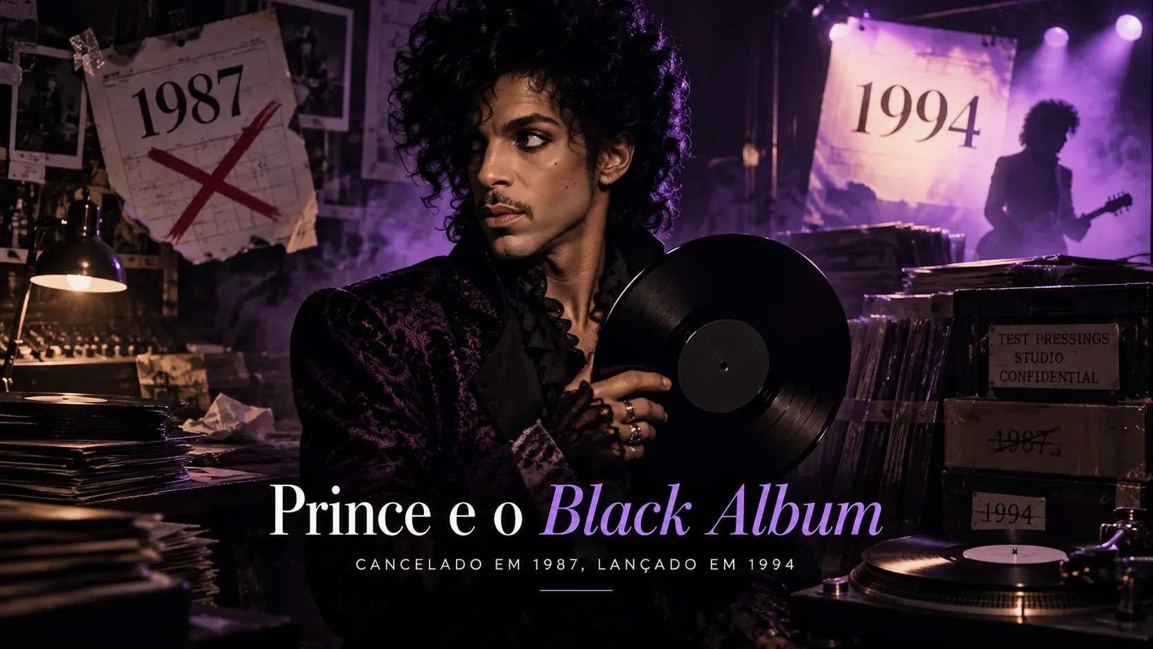 Arte em tons de roxo com representação de Prince segurando um vinil preto num estúdio, com 1987 riscado à esquerda, 1994 à direita, discos e uma vitrola.