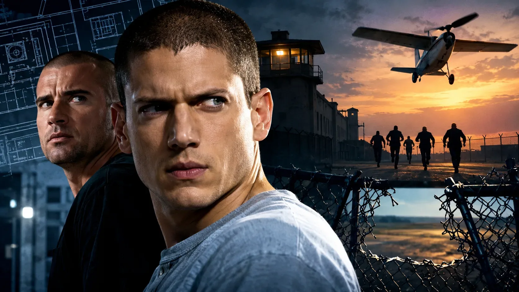 Montagem cinematográfica com dois homens apreensivos diante de uma prisão, silhuetas correndo junto às cercas e um avião cruzando o céu alaranjado, com plantas arquitetônicas ao fundo.