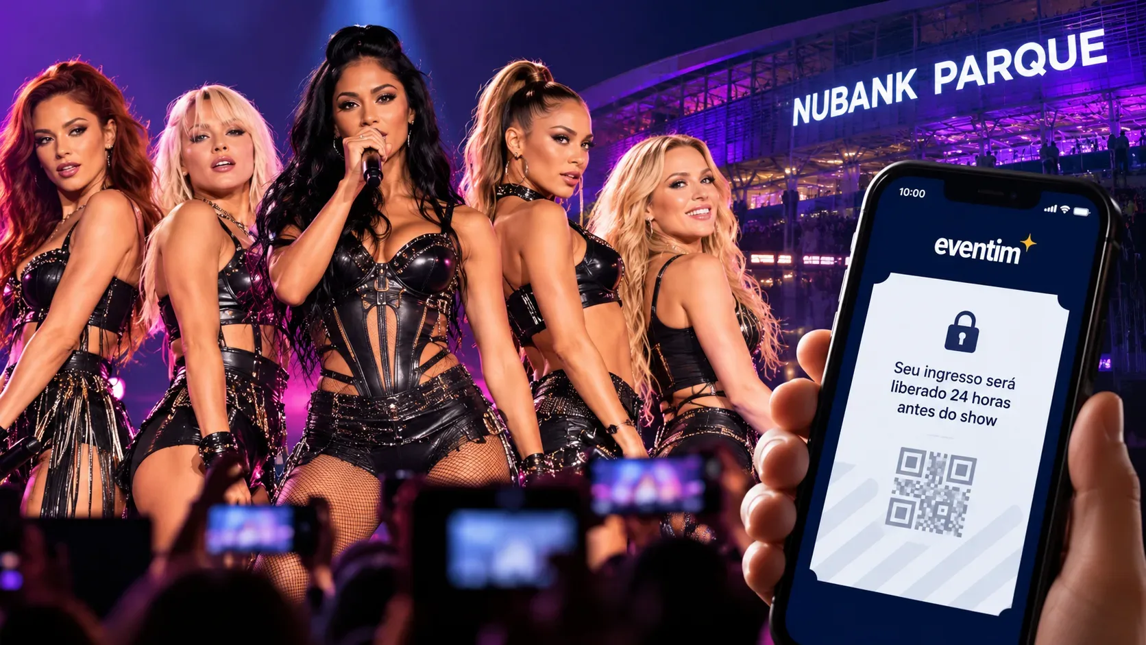 Montagem ilustrativa com cinco artistas em palco iluminado por luzes roxas e um celular em primeiro plano mostrando uma tela Eventim com cadeado e QR code.