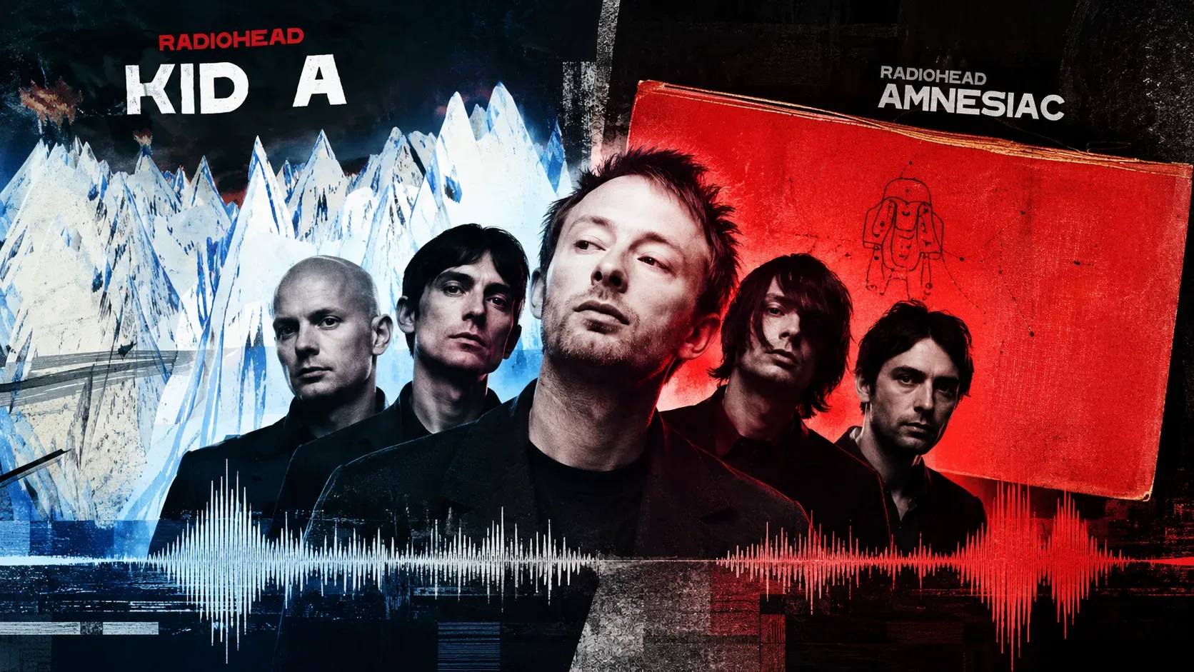 Colagem editorial horizontal com os cinco integrantes do Radiohead, Thom Yorke ao centro, montanhas azuladas à esquerda, painel vermelho à direita, títulos Kid A e Amnesiac e ondas sonoras na parte inferior.