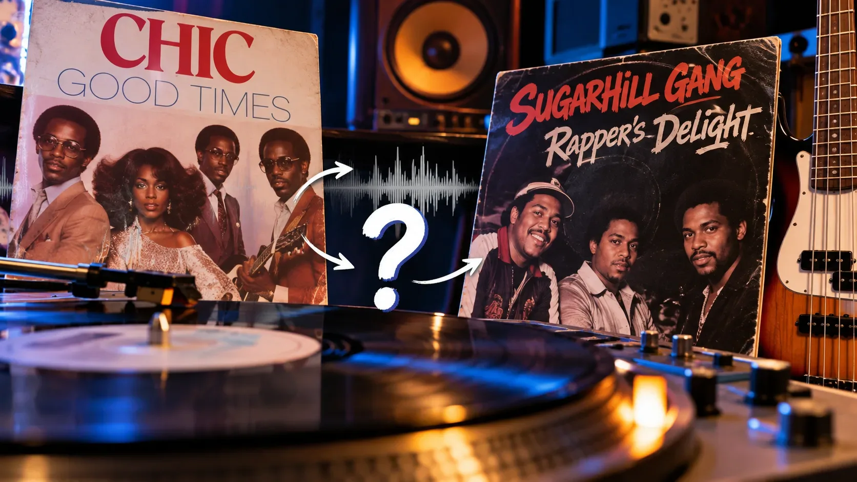 Arte retrô de estúdio com capas ilustrativas identificadas como Chic e Sugarhill Gang, discos de vinil, baixo elétrico, setas e um ponto de interrogação central.