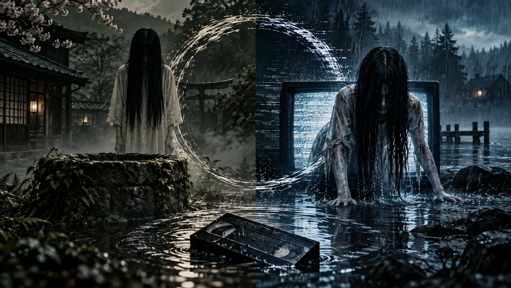 Arte comparativa com fantasma de cabelos longos junto a um poço no Japão e figura molhada diante de uma televisão em uma paisagem chuvosa, com fita VHS em primeiro plano.