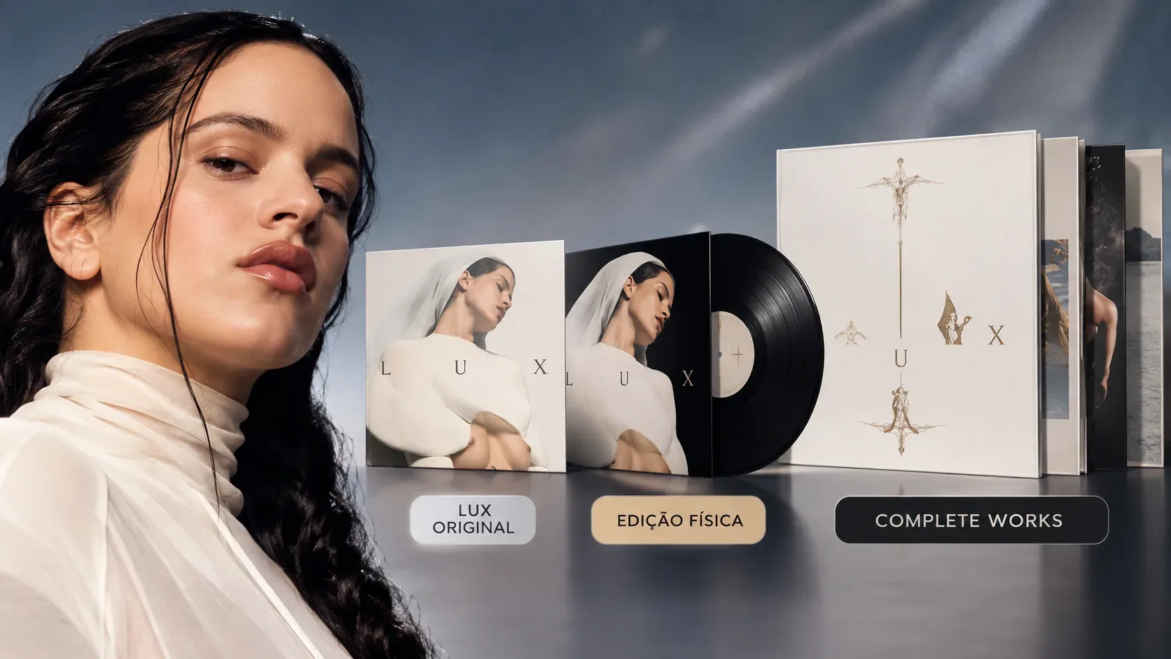 Montagem horizontal com retrato de Rosalía à esquerda e, à direita, capas estilizadas de LUX, um disco de vinil e uma caixa branca, com identificação das edições.