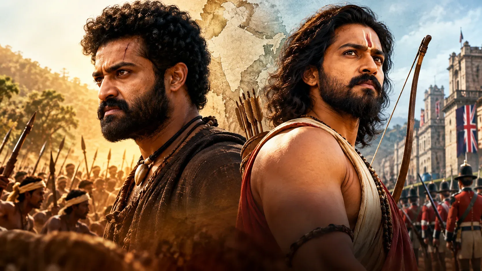 Ilustração cinematográfica de dois guerreiros indianos de costas um para o outro, com combatentes, soldados coloniais, arco e mapa antigo ao fundo.