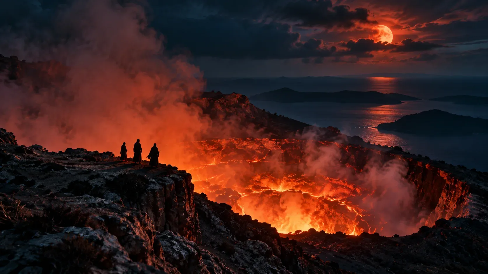 Três figuras encapuzadas observam uma cratera de lava incandescente sob uma lua vermelha, com o mar e ilhas ao fundo.