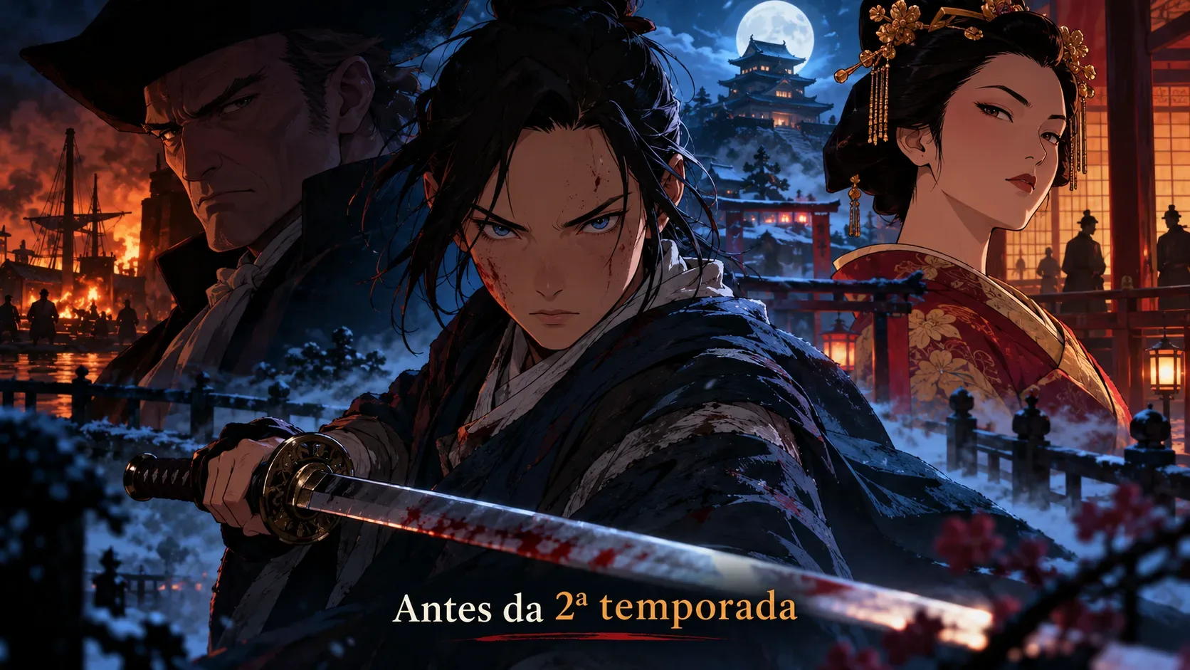 Arte em estilo anime com Mizu de olhos azuis segurando uma espada à frente, Fowler nas sombras à esquerda e Akemi com quimono vermelho à direita. Ao fundo, castelo japonês, fogo e lua; abaixo, o texto “Antes da 2ª temporada”.
