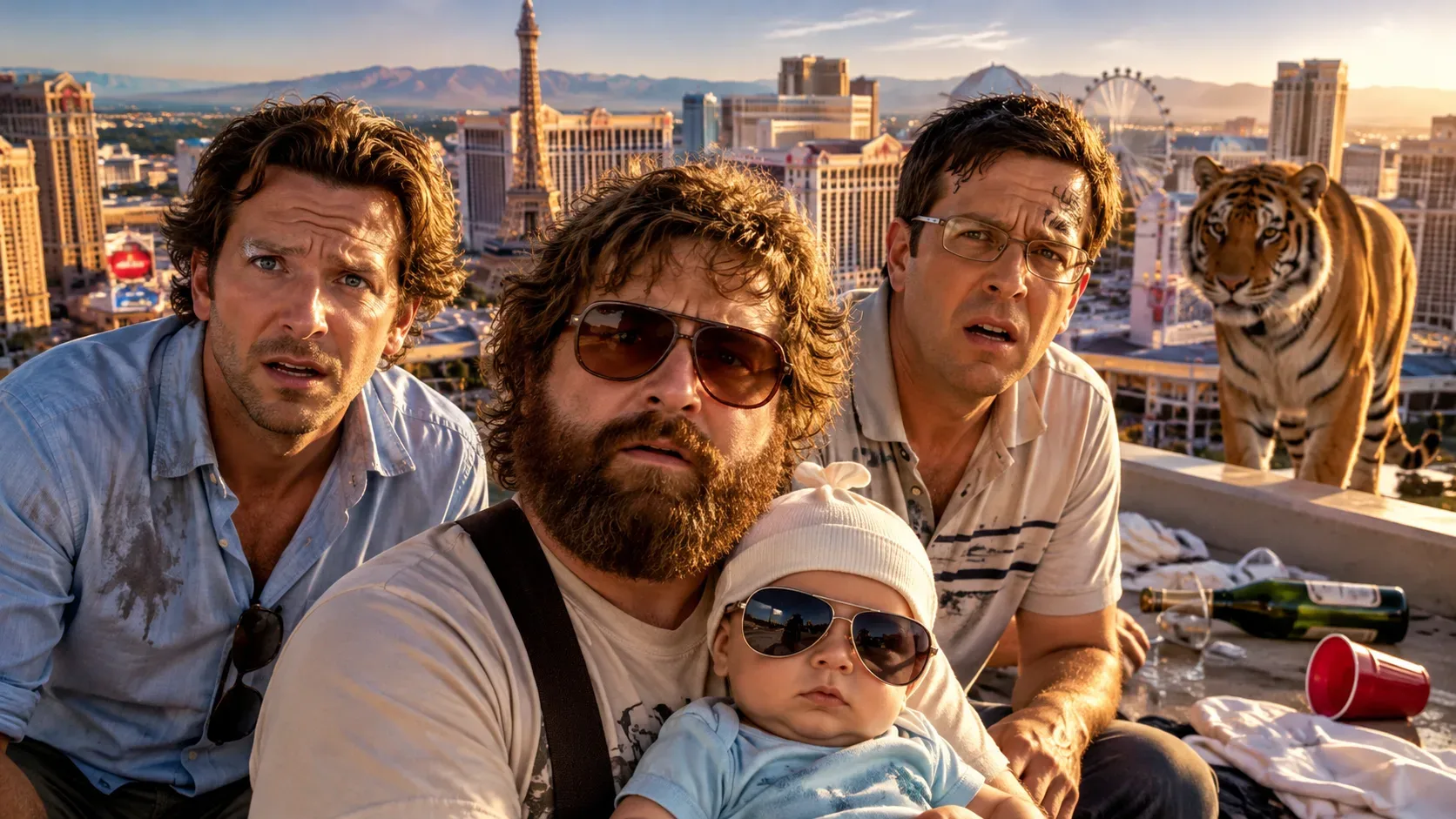 Ilustração editorial de três homens perplexos, um bebê de óculos escuros e um tigre em terraço com vista para Las Vegas ao amanhecer.