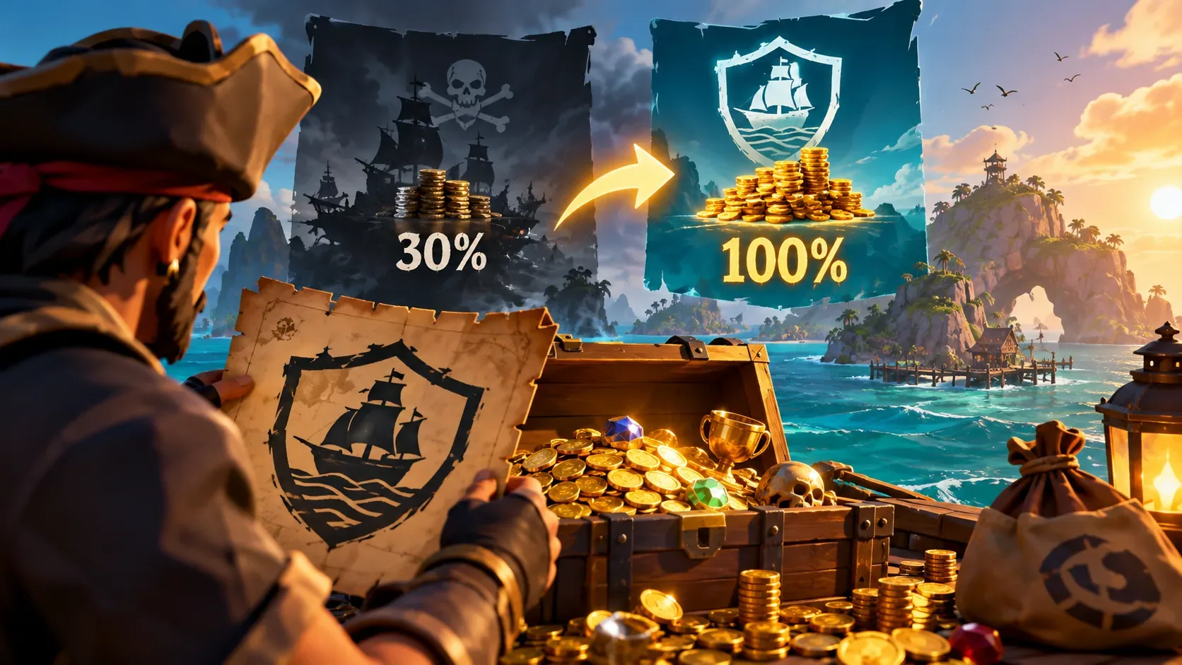 Capa ilustrada de Sea of Thieves com pirata diante de baú repleto de moedas, navio ao pôr do sol e quadro comparativo de percentuais.