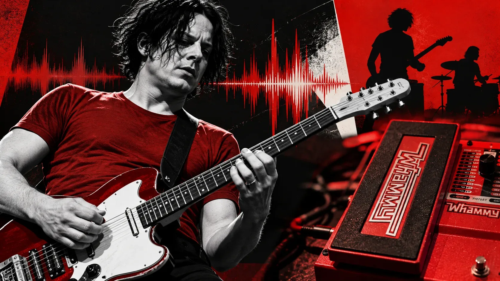 Arte editorial em vermelho e preto com guitarrista tocando guitarra vermelha e branca, pedal de efeitos em destaque, ondas sonoras e silhuetas de músicos.