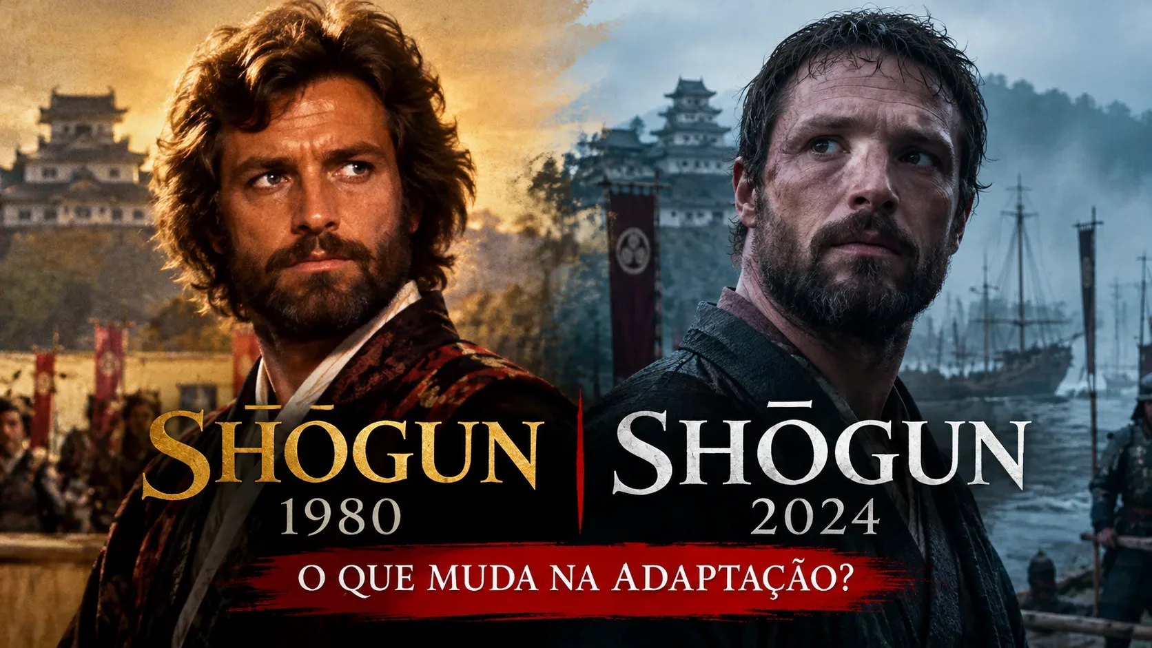 Capa comparativa dividida: dois homens barbados diante de cenários do Japão histórico, um em tons dourados e outro em azul, com os dizeres Shōgun 1980, Shōgun 2024 e uma pergunta em português.