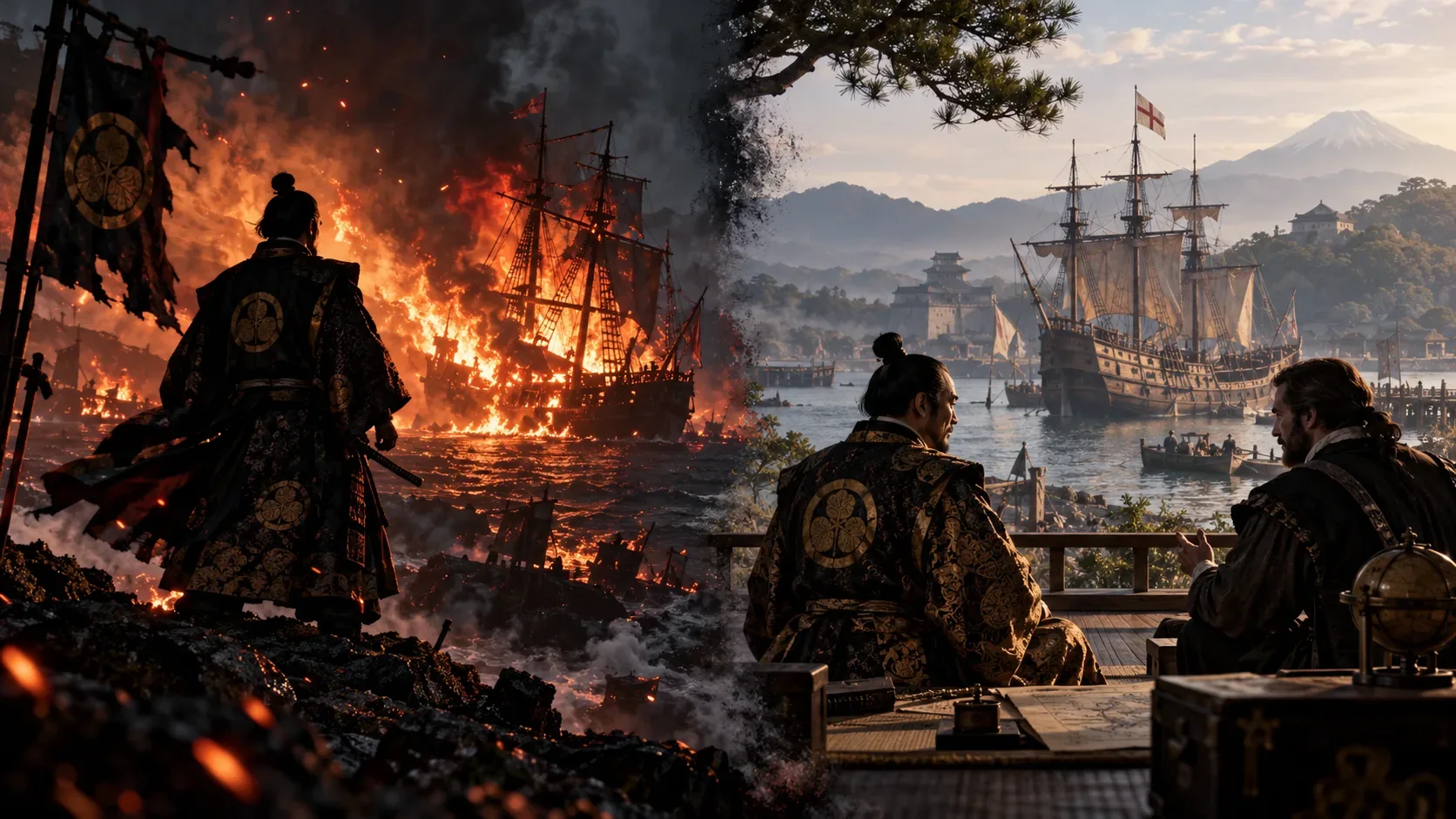 Imagem dividida: um guerreiro japonês diante de um navio em chamas à esquerda; à direita, dois homens conversam diante de um navio intacto em um porto japonês.