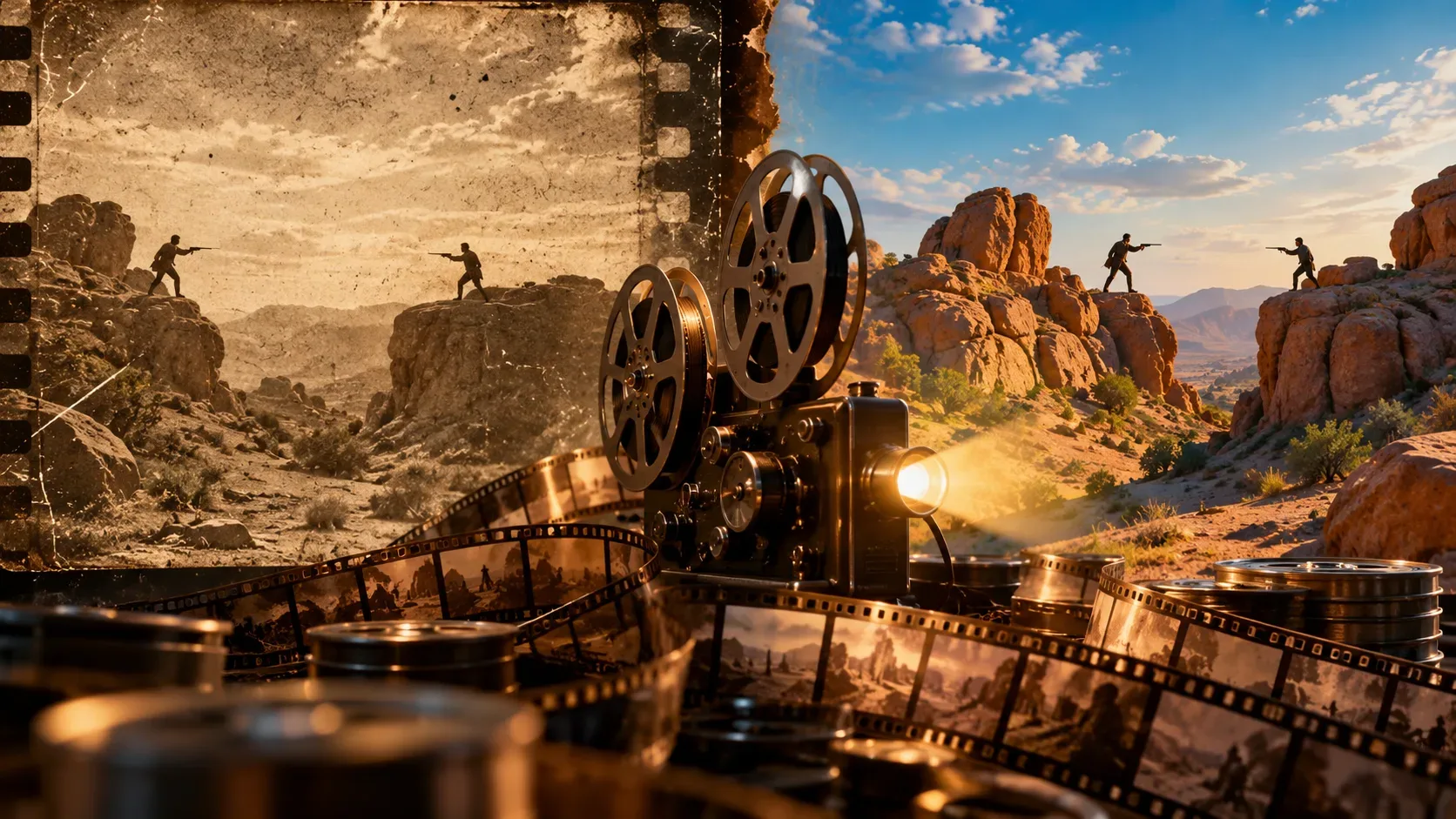 Montagem cinematográfica horizontal com projetor de película ao centro, paisagem rochosa antiga em sépia à esquerda e a mesma paisagem restaurada em cores à direita, com dois confrontos à distância.