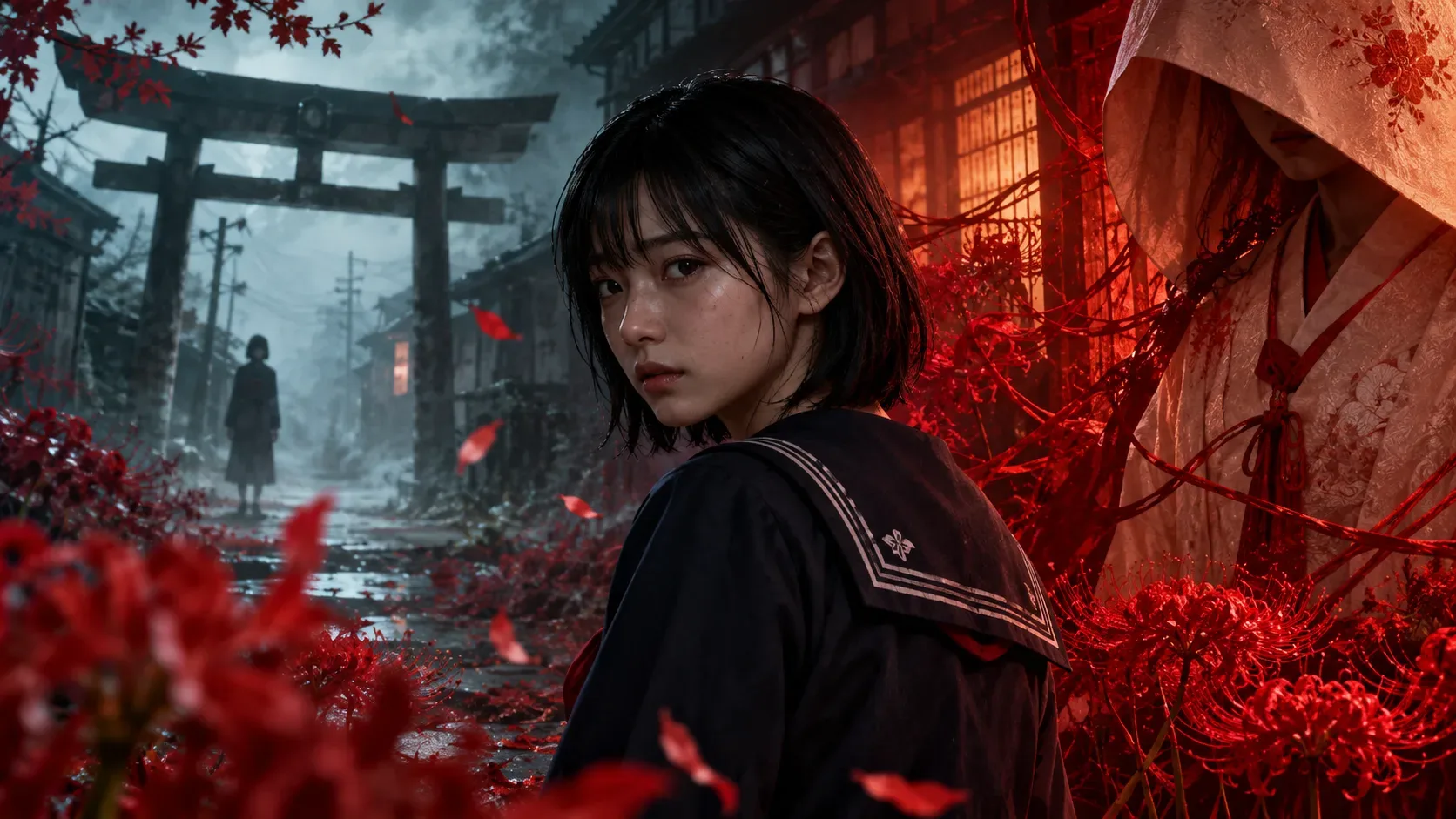 Jovem de uniforme escolar escuro em rua japonesa enevoada, diante de um portal torii, flores vermelhas e uma figura com traje de noiva e véu sob luz carmesim.