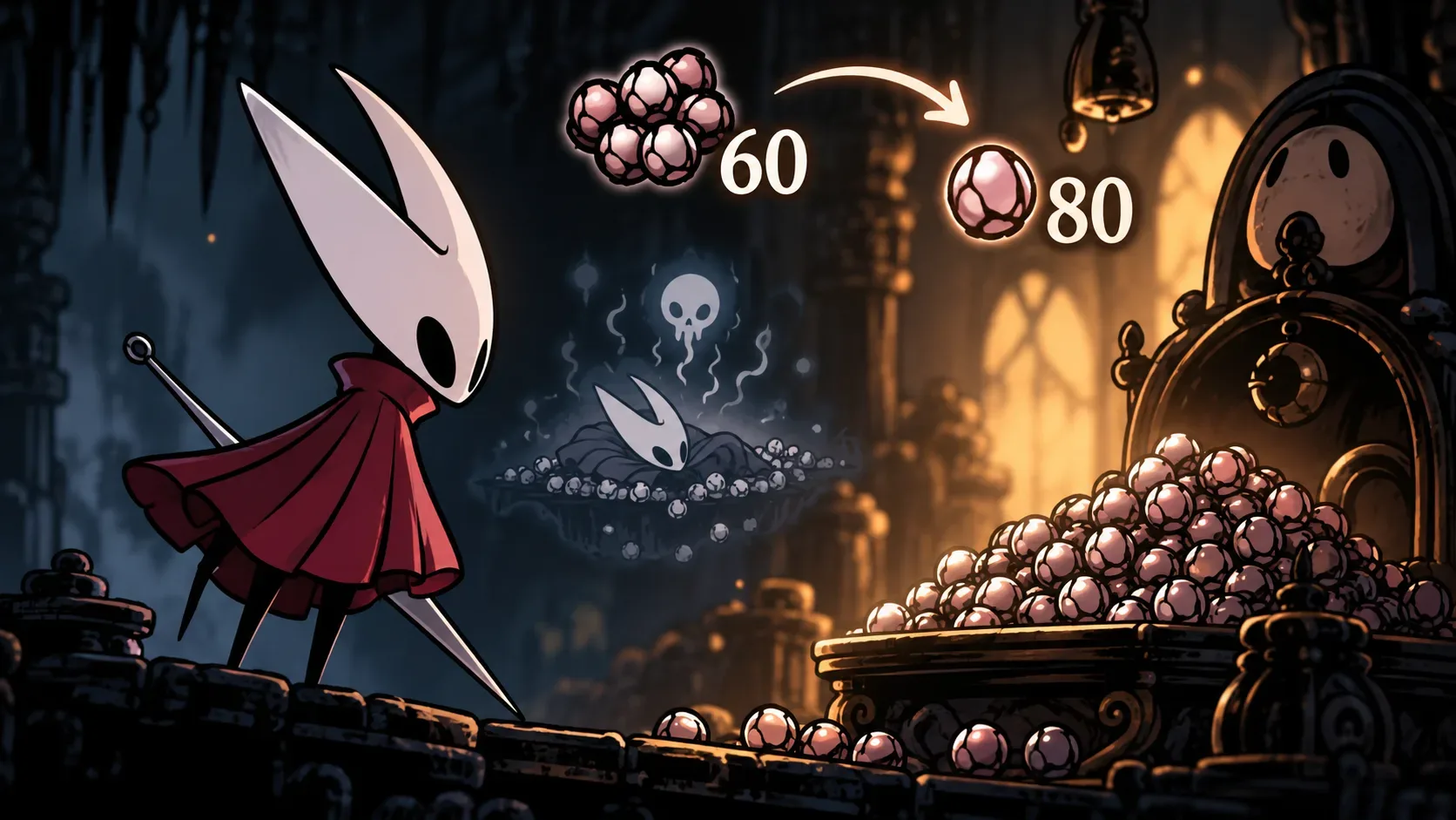 Ilustração de Hornet com máscara branca e capa vermelha diante de uma pilha de rosários em uma caverna, com os números 60 e 80 e um símbolo de morte.