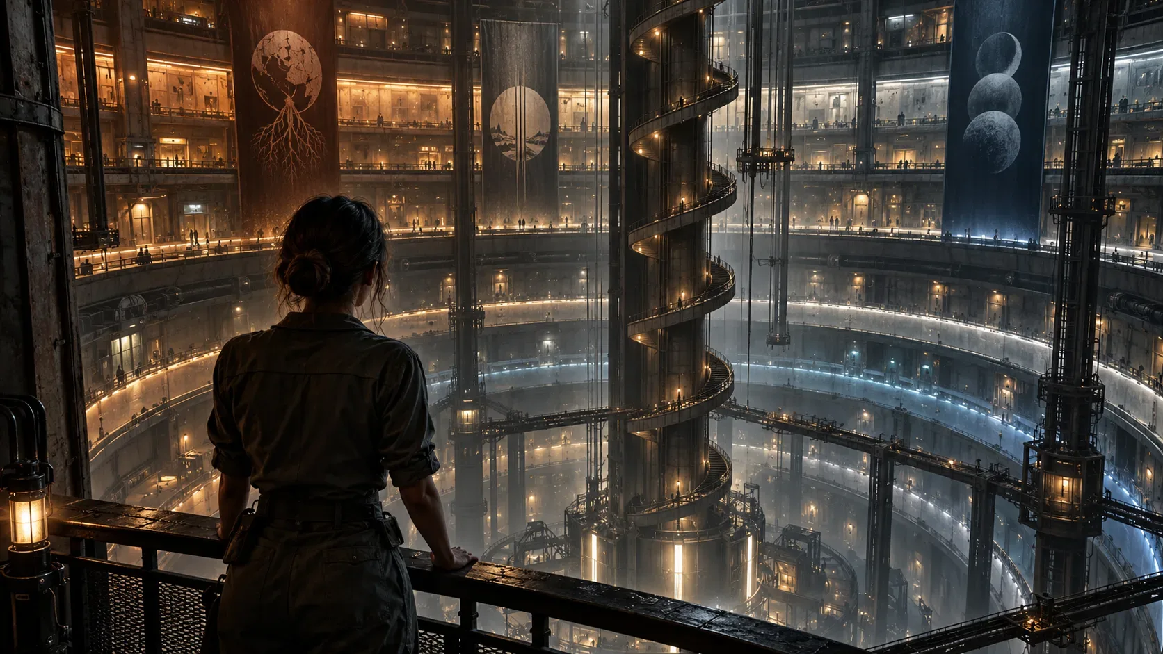 Mulher de costas observa o interior de um imenso silo subterrâneo circular, com passarelas em vários níveis, escada central em espiral e luzes âmbar e azuis.