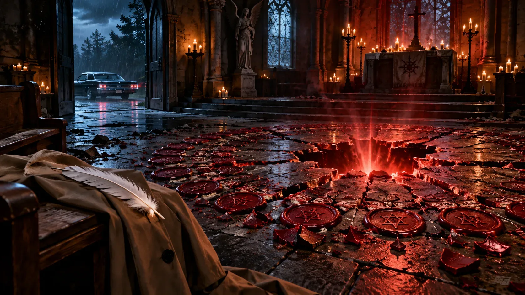 Interior de uma igreja escura com velas, selos vermelhos no piso rachado e luz avermelhada saindo de uma fenda; um sobretudo e uma pena branca estão sobre um banco, e um carro preto aparece na chuva.
