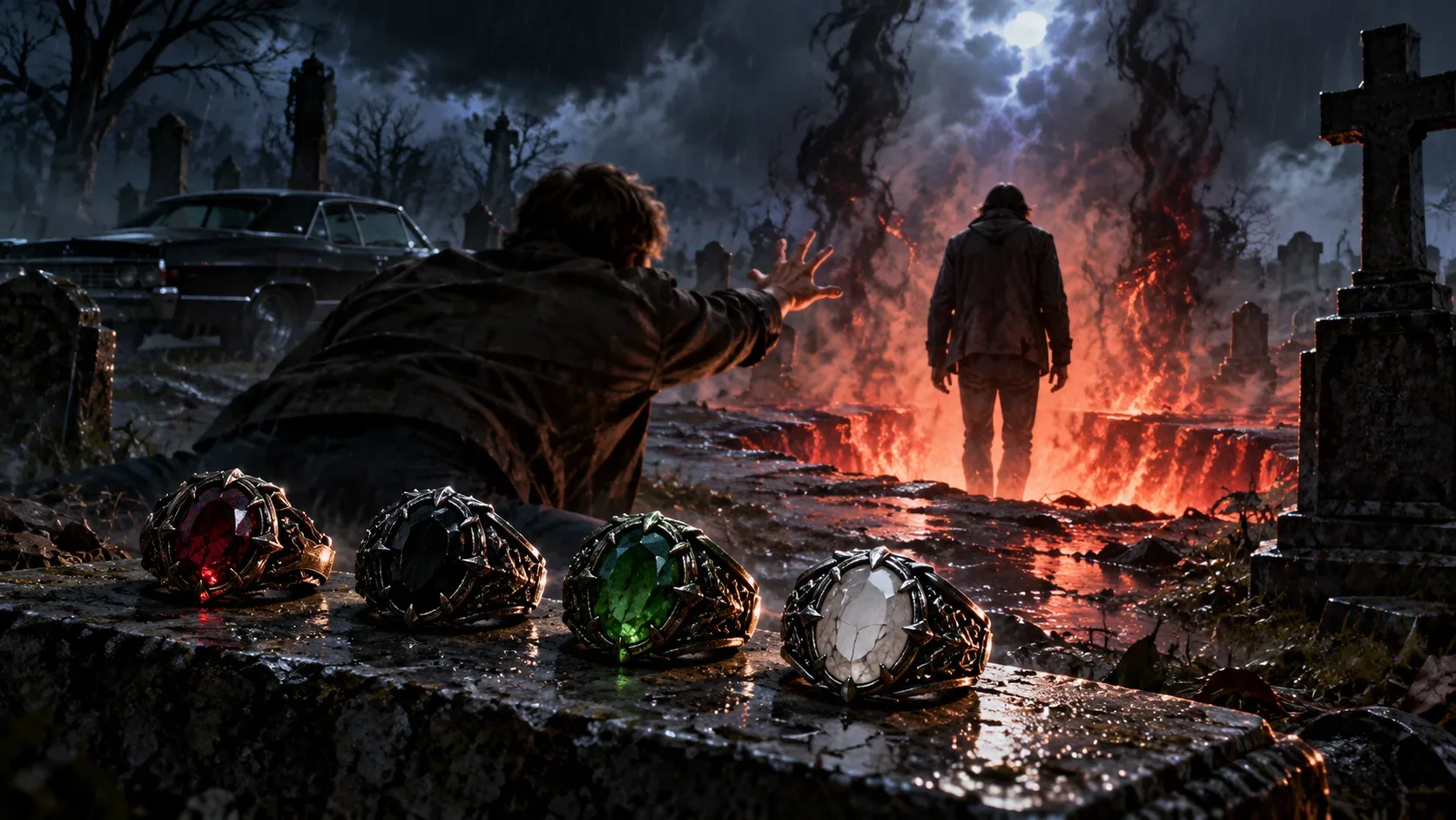 Quatro anéis sobre pedra molhada em um cemitério noturno, com um carro preto e duas figuras diante de uma fenda iluminada por chamas.