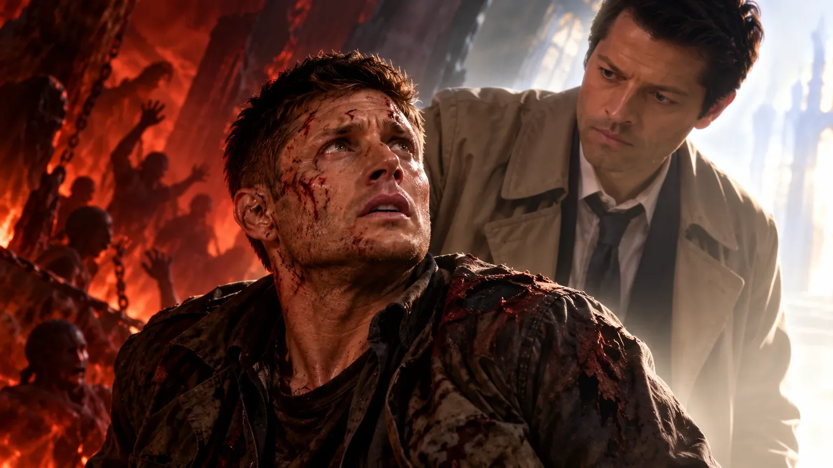 Dean ferido diante de um Inferno em chamas e correntes, enquanto Castiel, de sobretudo bege, aparece atrás dele sob uma luz clara.
