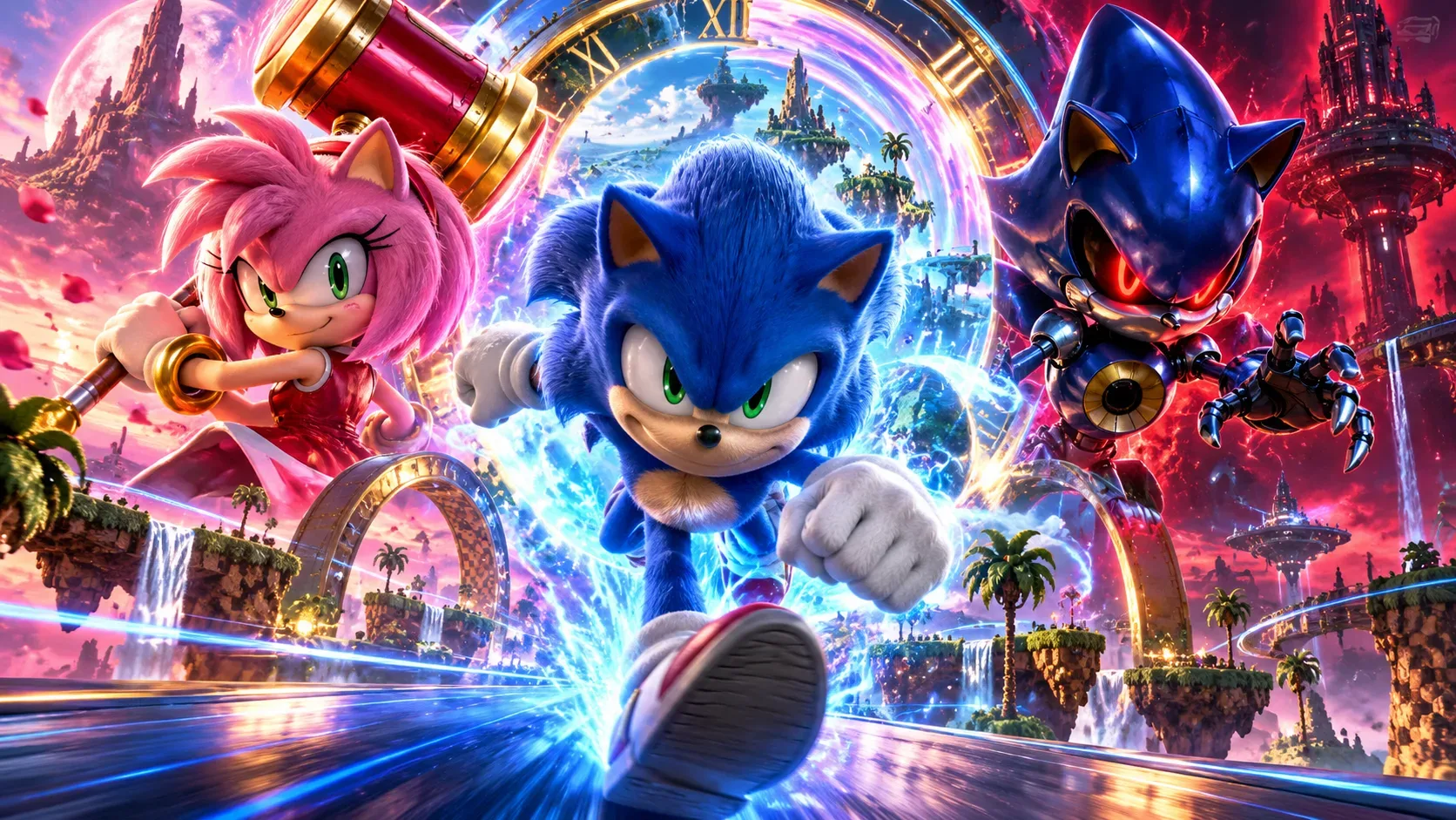 Sonic corre diante de um portal temporal brilhante, com Amy Rose segurando um martelo à esquerda e Metal Sonic de olhos vermelhos à direita.