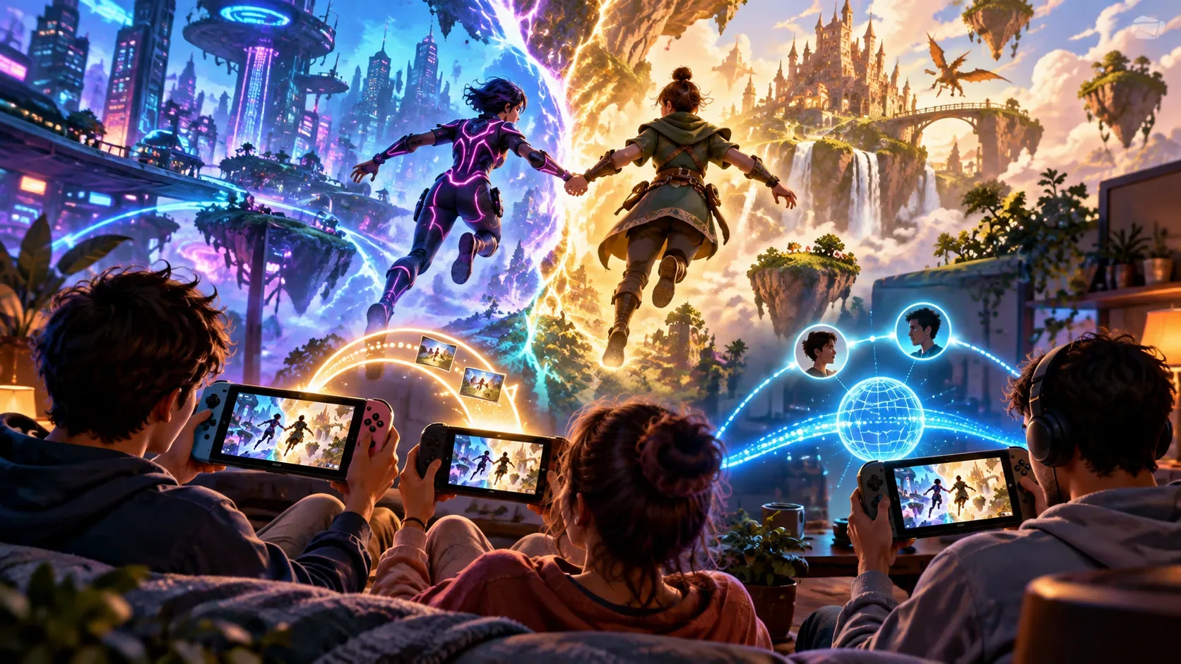 Ilustração com três pessoas usando consoles portáteis, conexões luminosas entre aparelhos e duas aventureiras em cenários de ficção científica e fantasia.