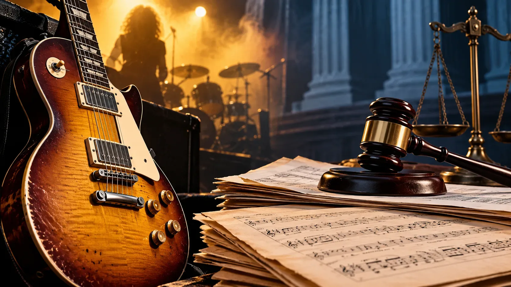 Guitarra elétrica diante de partituras, martelo de juiz e balança da justiça, com palco iluminado ao fundo.