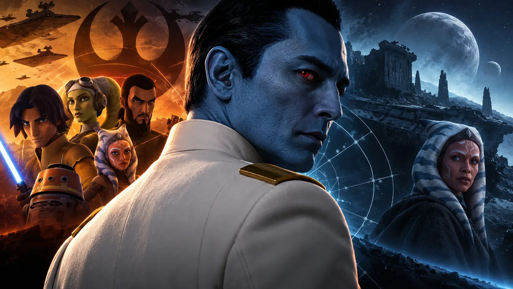 Arte editorial de Thrawn com pele azul, olhos vermelhos e uniforme branco ao centro; personagens de Rebels à esquerda e Ahsoka à direita, diante de um cenário espacial laranja e azul.