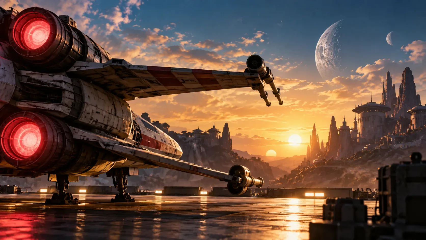 Nave espacial de motores vermelhos estacionada numa plataforma ao pôr do sol, com construções futuristas entre montanhas e planetas no céu.