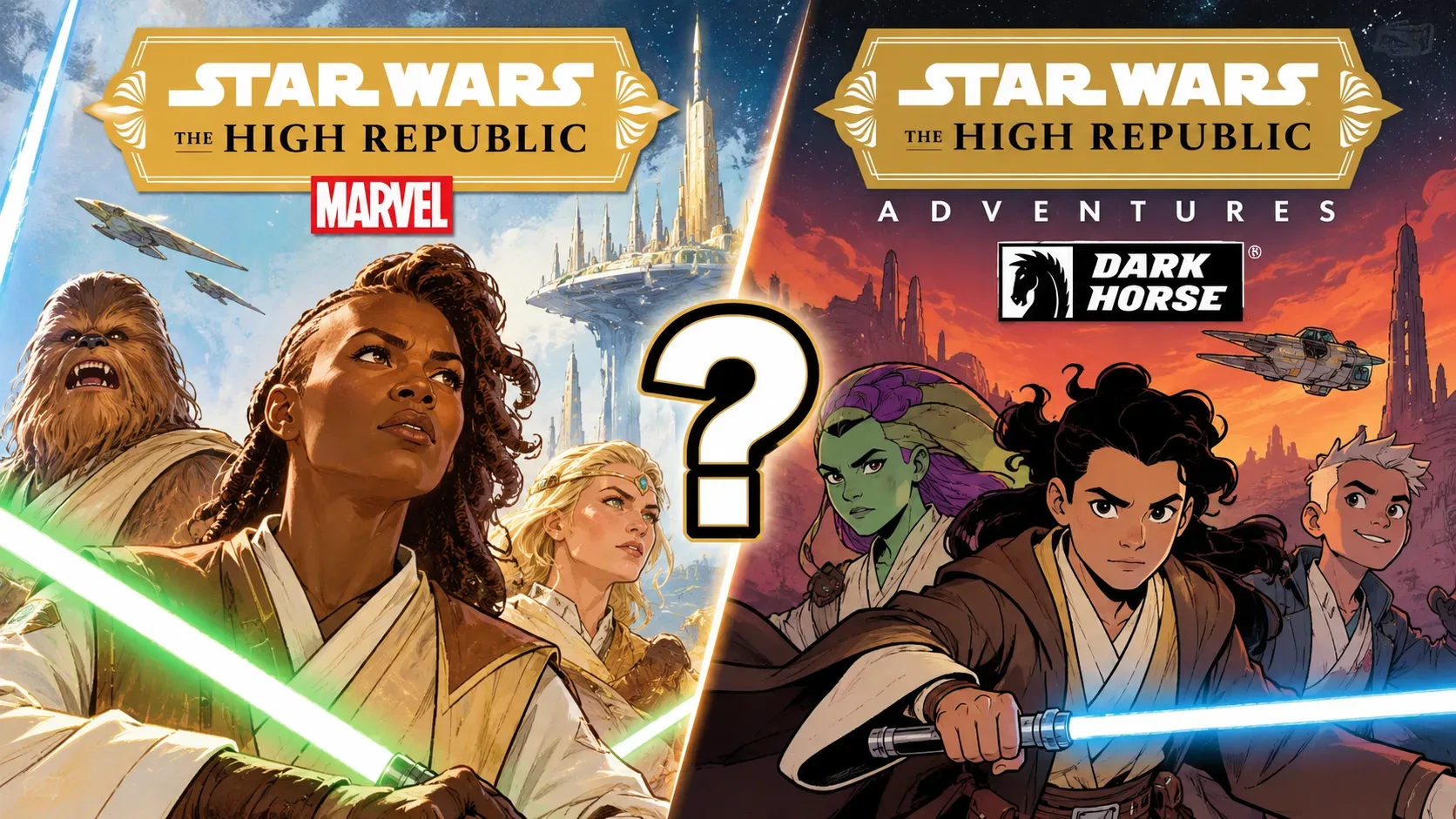 Ilustração em duas metades com grupos de personagens Jedi e sabres de luz, os nomes Marvel e Dark Horse e um ponto de interrogação central.