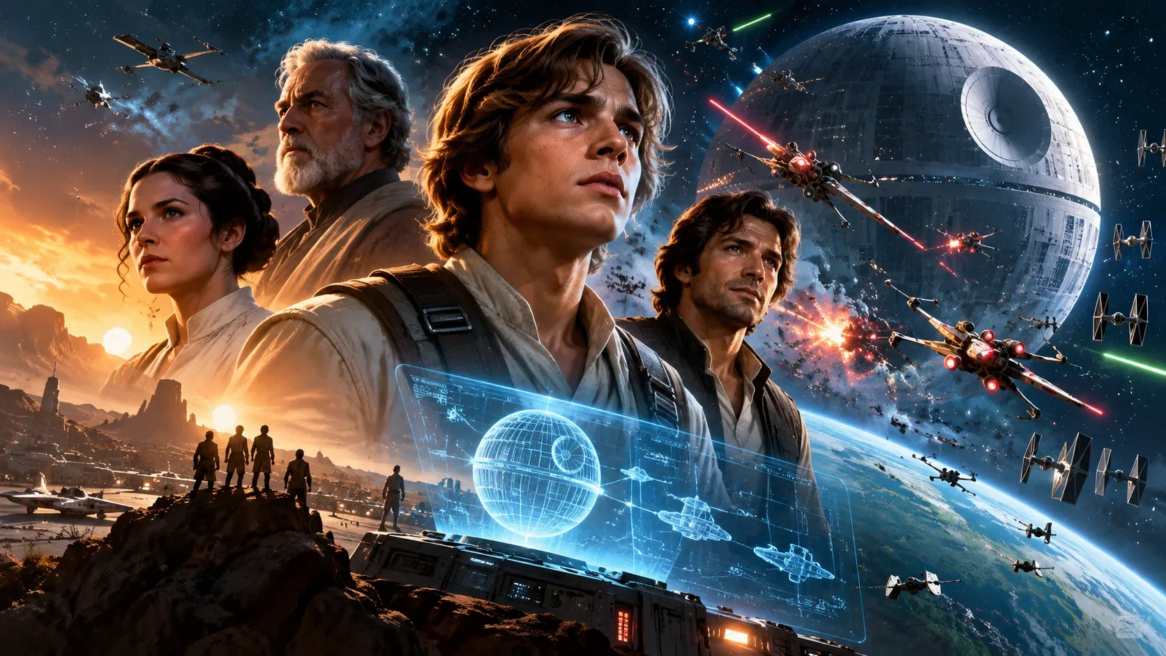Ilustração cinematográfica de quatro aventureiros espaciais, com jovem ao centro, um holograma azul de estação esférica e naves em combate no céu estrelado.