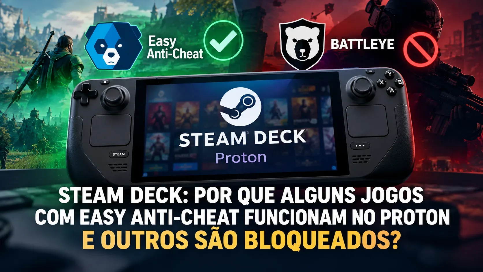 Capa ilustrativa com Steam Deck ao centro, fundo verde e vermelho, referências visuais a Easy Anti-Cheat e BattlEye e pergunta em português sobre bloqueios no Proton.