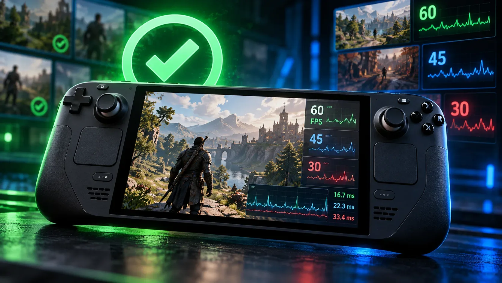 Console portátil preto com jogo de fantasia na tela, selo verde de aprovação ao fundo e gráficos de FPS sobrepostos.