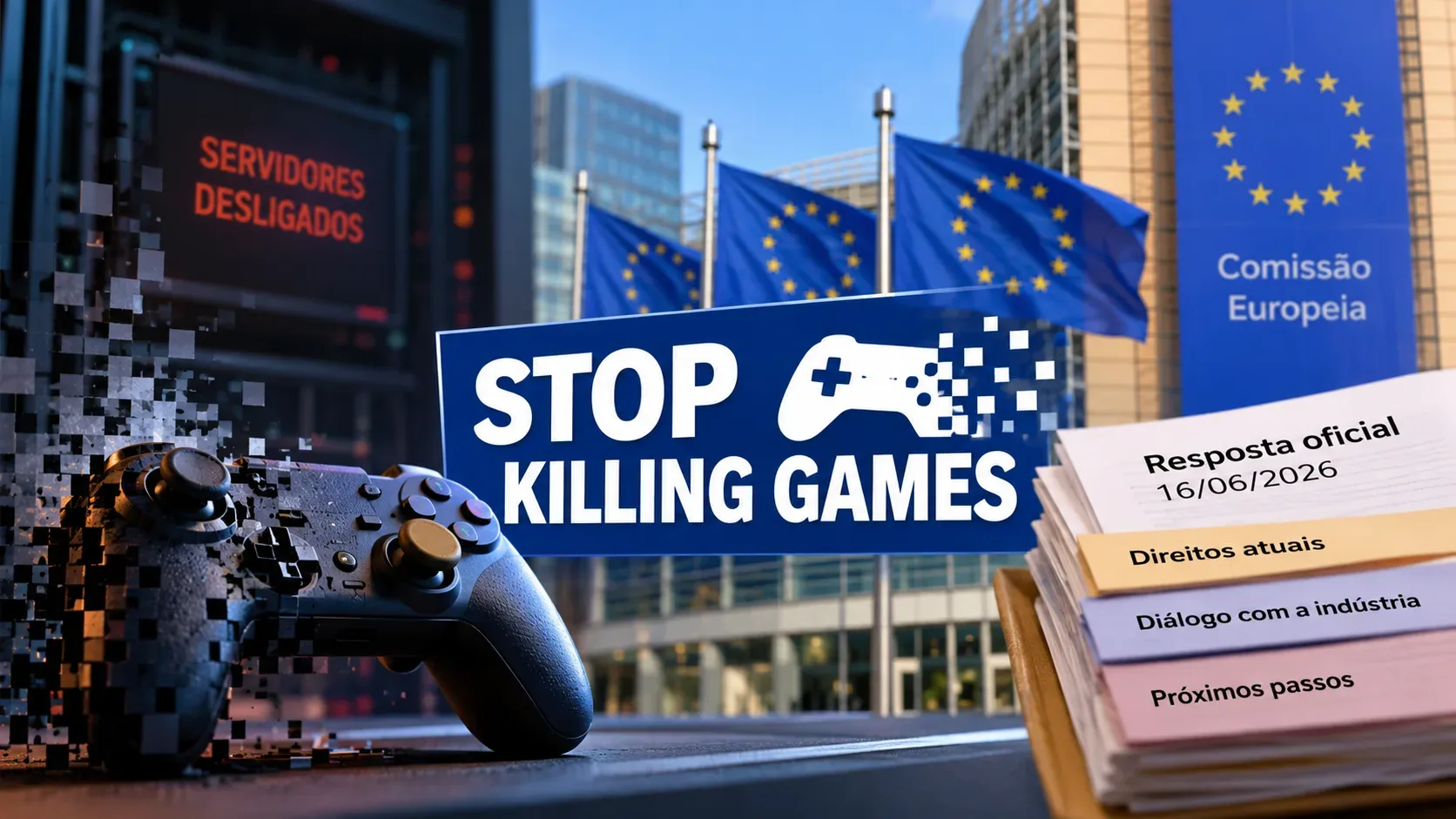 Controle de videogame se desfazendo em pixels diante de bandeiras da União Europeia, letreiro Stop Killing Games e pilha de documentos.