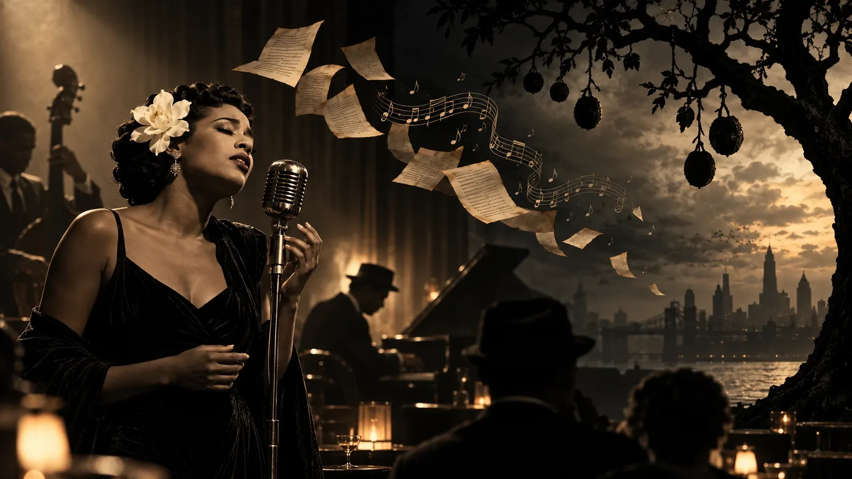 Ilustração em sépia de cantora de jazz com flor branca no cabelo diante de microfone antigo; folhas de papel e notas musicais atravessam um clube escuro até uma árvore com frutos sombrios.