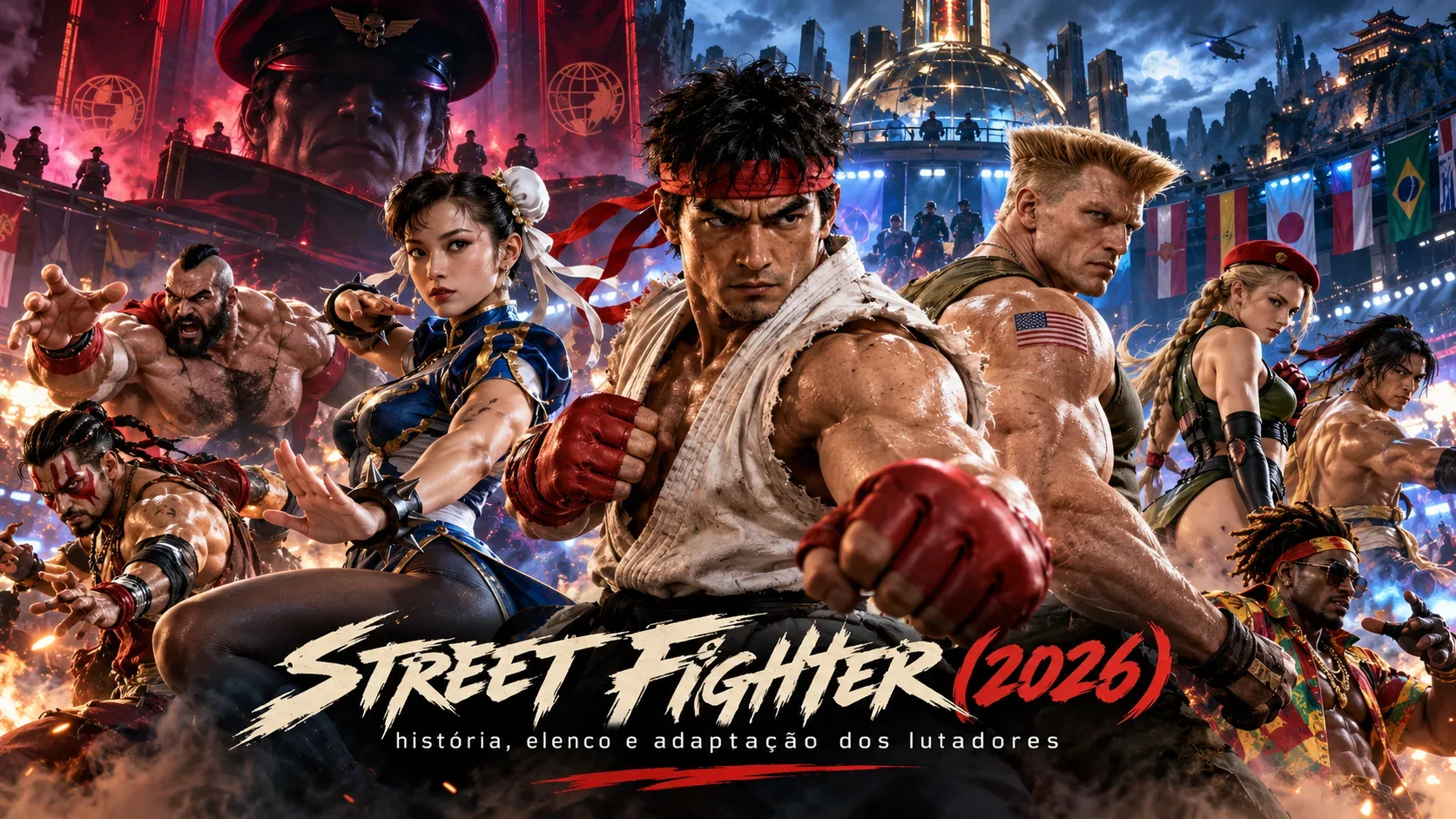 Capa ilustrada de Street Fighter (2026) com lutador de quimono branco e faixa vermelha em destaque, outros combatentes numa arena iluminada e o título do filme na base.