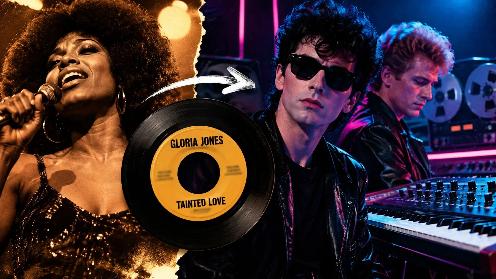 Montagem estilizada em tons dourados e neon azul e rosa, com cantora ao microfone, disco de vinil identificado como Gloria Jones e dois músicos junto a sintetizadores.
