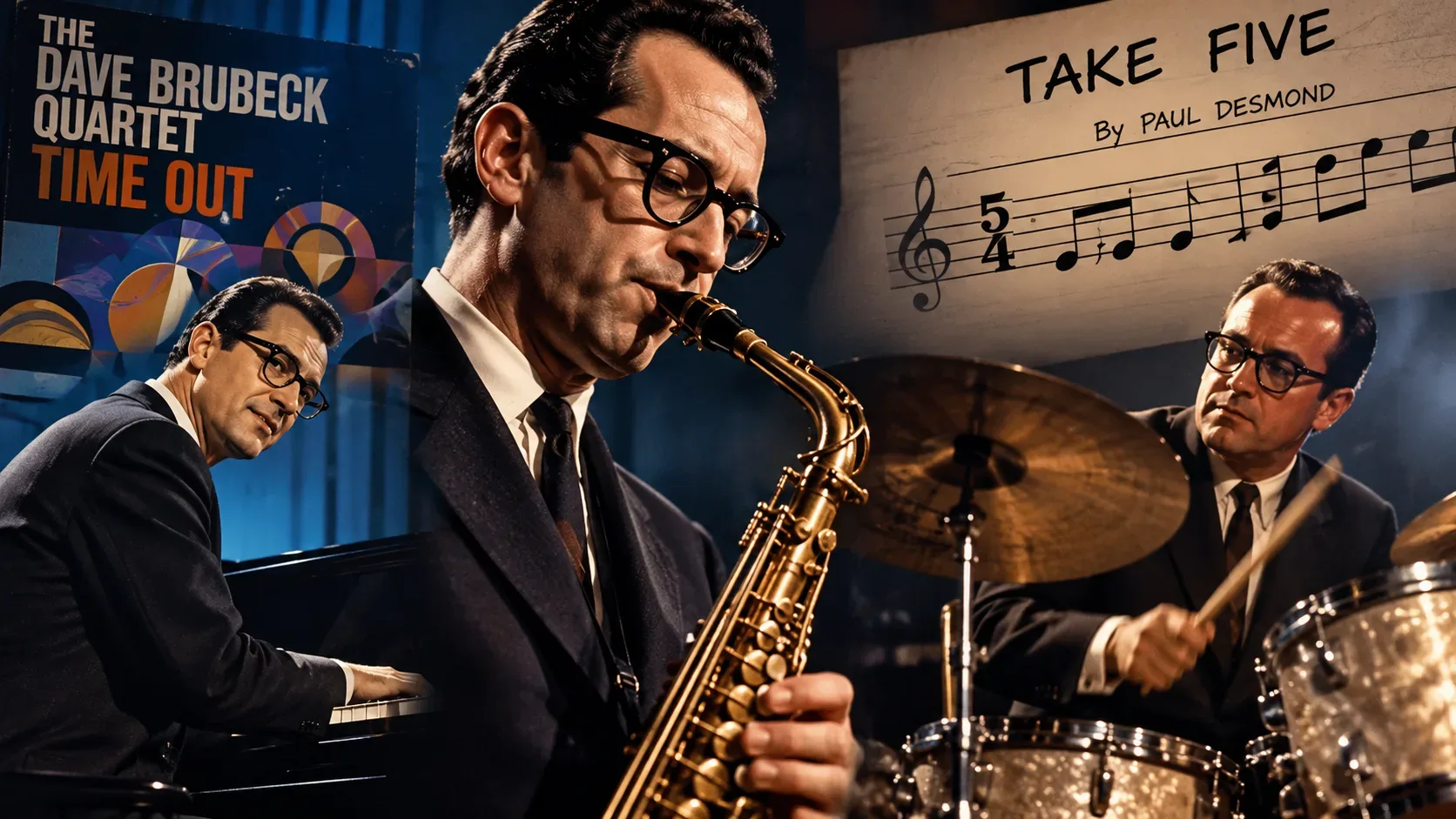 Ilustração em estilo de colagem de jazz com saxofonista em primeiro plano, pianista e baterista, fundo azul, partituras e títulos de Take Five e Time Out.