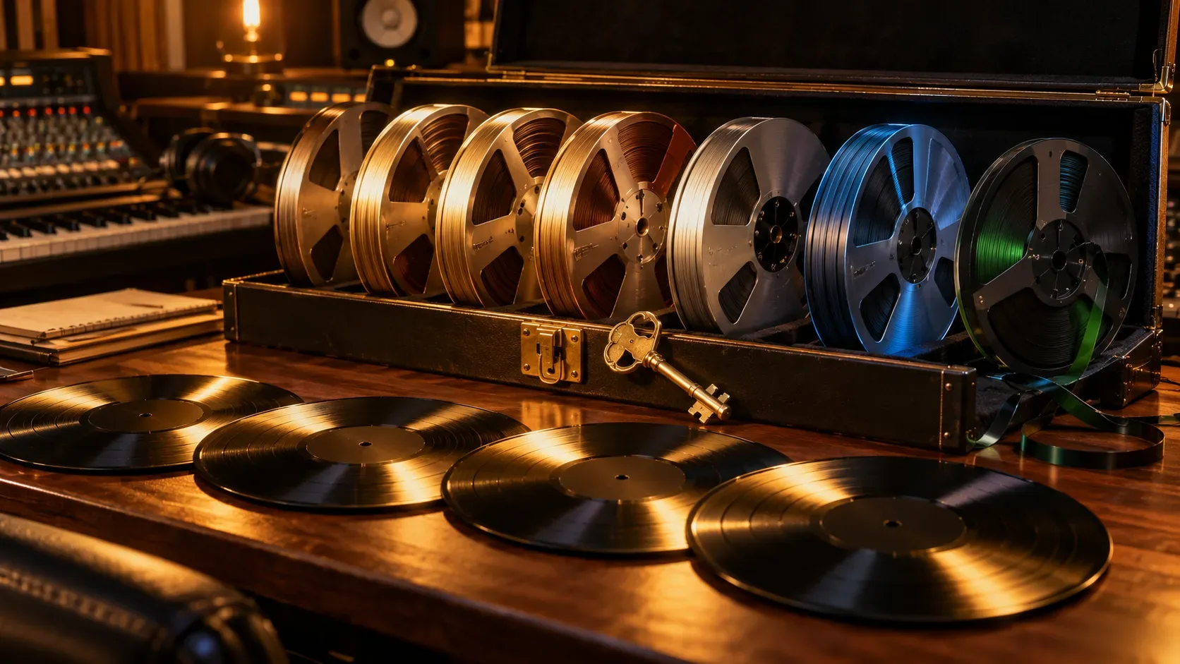 Maleta aberta com rolos de fitas master coloridos e uma chave dourada, diante de discos de vinil em mesa de estúdio de gravação com iluminação quente.
