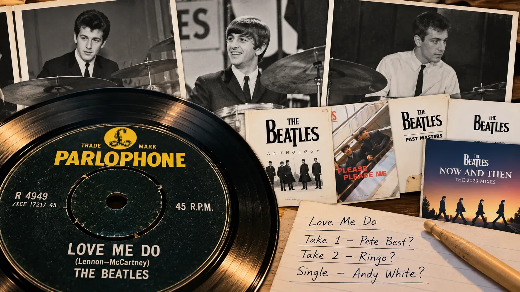 Colagem vintage sobre Love Me Do dos Beatles, com disco de vinil Parlophone, retratos de bateristas, capas de álbuns e notas manuscritas.