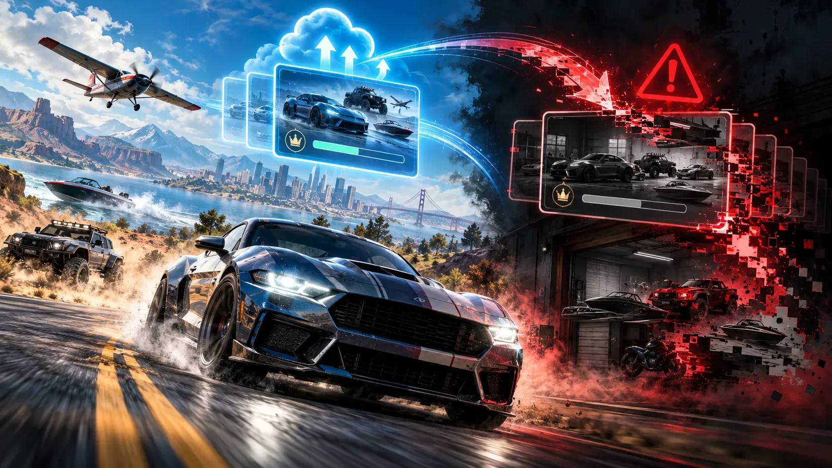 Carro esportivo em uma estrada, com avião, barco e veículo off-road ao fundo; à esquerda, cartões de progresso azuis ligados a uma nuvem, e à direita, um save de garagem se desfaz em pixels vermelhos sob um alerta.