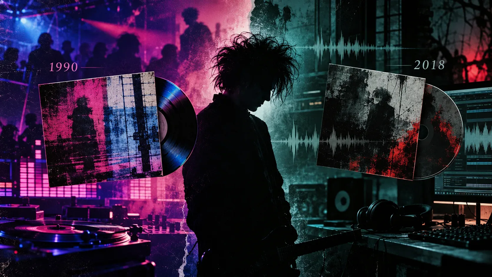 Colagem musical com toca-discos rosa à esquerda, estúdio digital verde-azulado à direita, dois discos e silhueta de músico entre as datas 1990 e 2018.