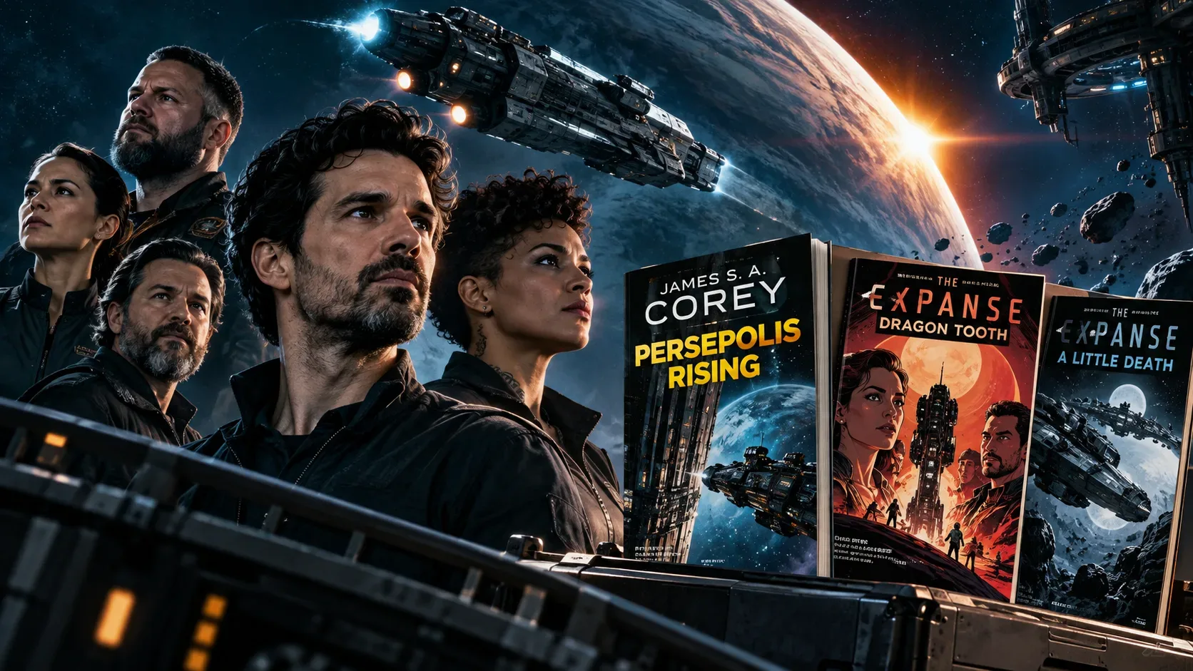 Montagem espacial com cinco figuras em primeiro plano, uma nave diante de um planeta e capas de Persepolis Rising, Dragon Tooth e A Little Death à direita.