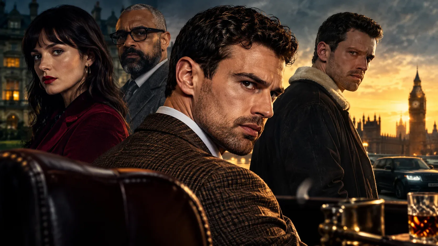 Montagem cinematográfica com homem de terno marrom em primeiro plano, mulher de casaco vinho, homem grisalho de óculos e outro de jaqueta escura diante de Londres ao entardecer.