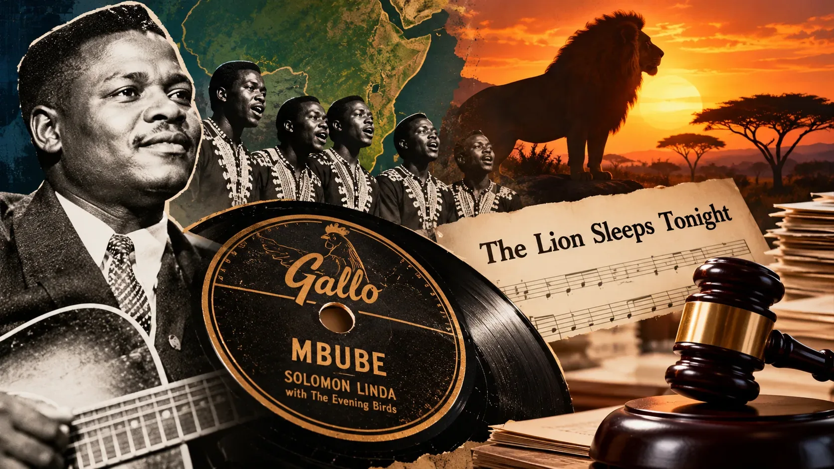 Colagem ilustrada com cantor e grupo vocal em preto e branco, disco com o nome Mbube, partitura, leão ao pôr do sol e martelo de juiz.