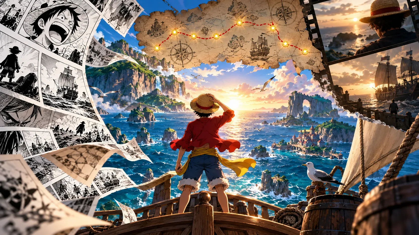 Arte editorial de um jovem pirata de chapéu de palha na proa de um navio diante do mar ao amanhecer, com páginas de mangá, mapa de rota e quadros cinematográficos.
