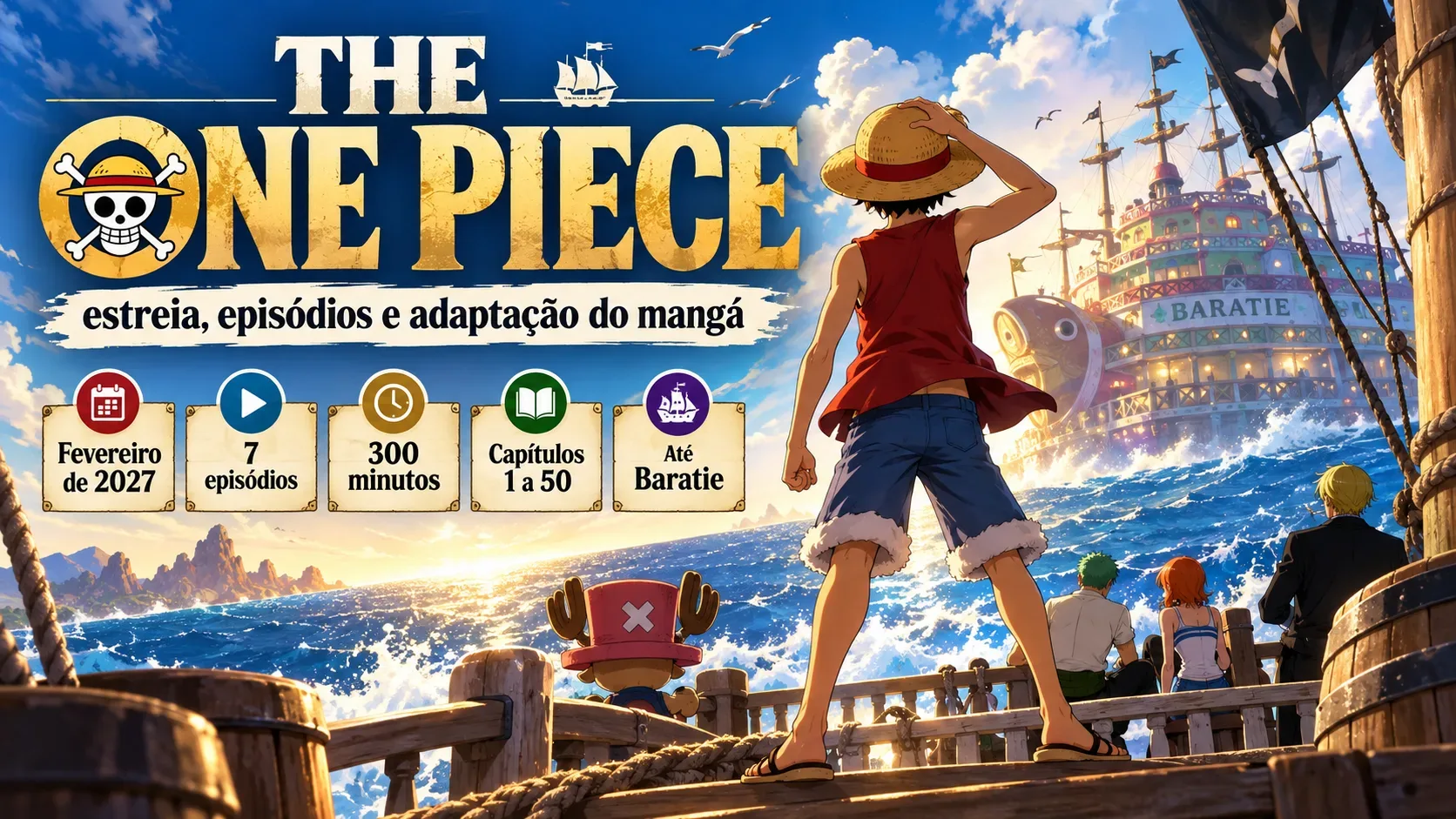Capa ilustrada com Luffy de costas no convés diante do Baratie, outros integrantes da tripulação, céu azul e chamadas sobre fevereiro de 2027, sete episódios, 300 minutos e capítulos 1 a 50.