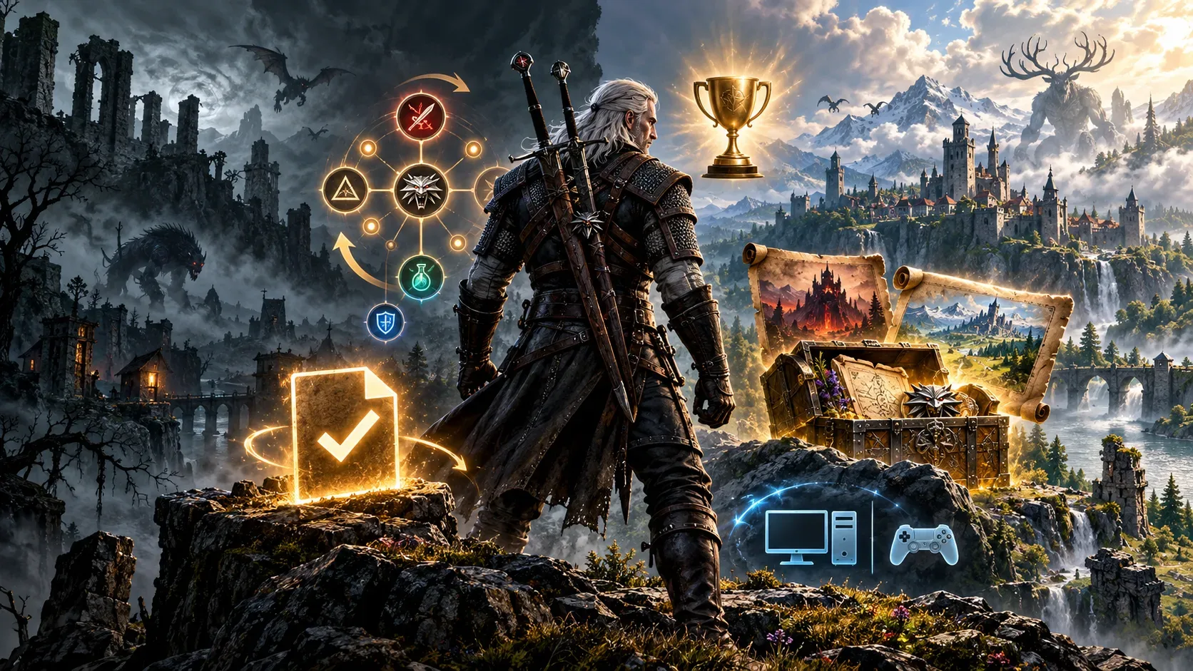 Ilustração de um caçador de cabelos brancos e duas espadas entre ruínas sombrias e um castelo iluminado, cercado por ícones de save, habilidades, troféu, mapas de expansão, PC e controle.