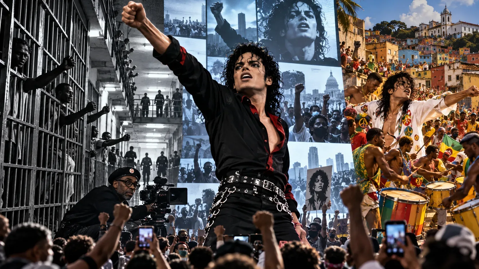 Colagem editorial com Michael Jackson ao centro, grades de prisão à esquerda, protestos ao fundo e percussionistas em uma rua brasileira à direita.