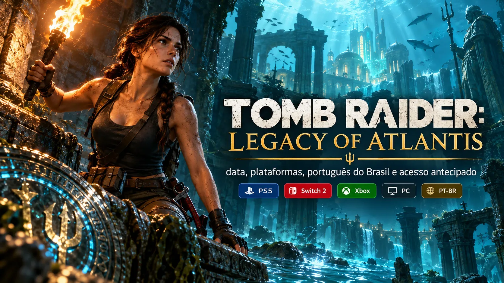 Arte de Lara Croft com tocha diante de ruínas submersas, título do jogo e ícones PS5, Switch 2, Xbox, PC e PT-BR.