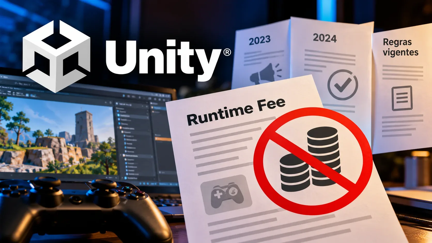 Arte editorial com logotipo da Unity, tela de desenvolvimento de jogo, controle e documentos de 2023 e 2024; moedas riscadas representam a taxa cancelada.